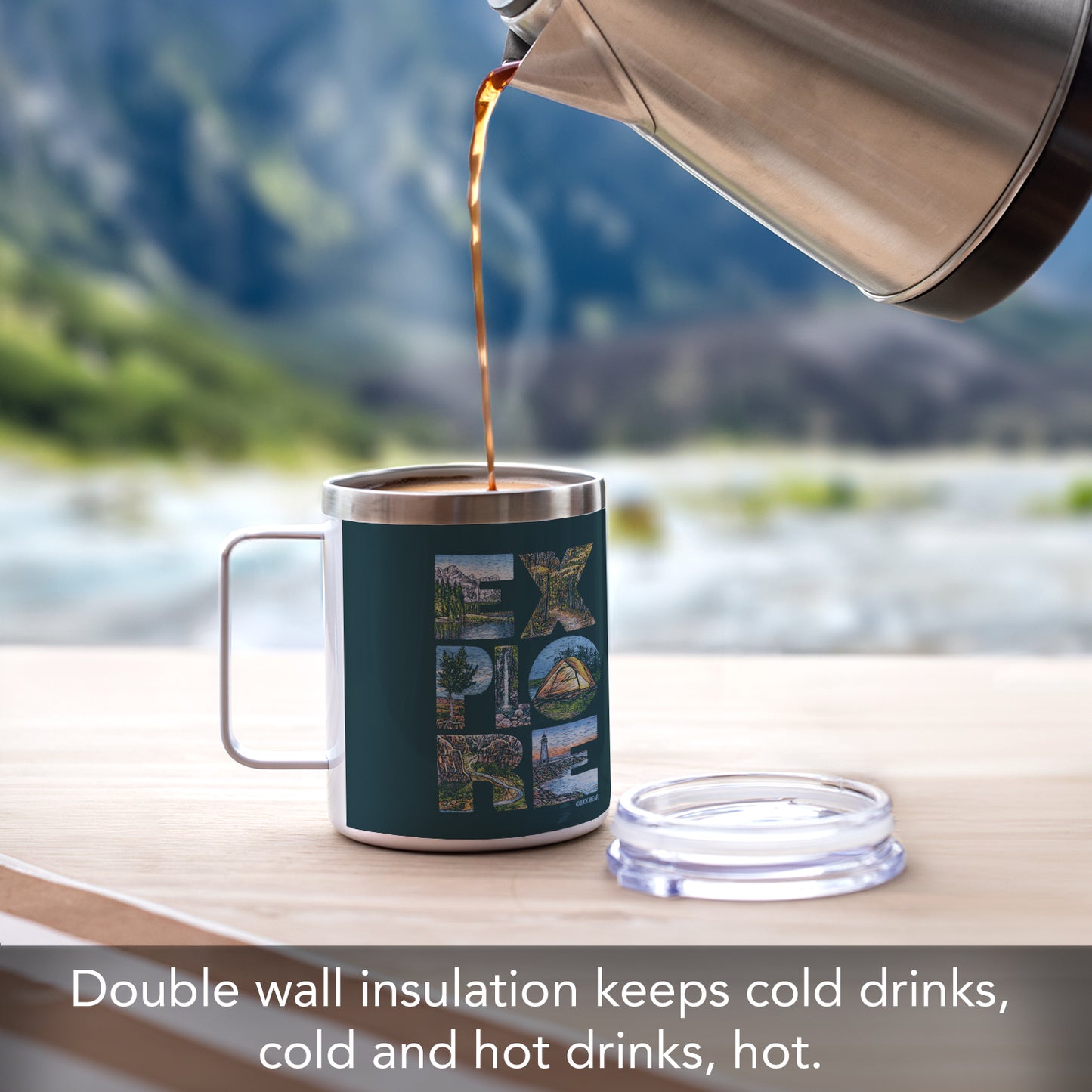 Highland Home Decorative Stainless Steel Insulated Travel Mug with Lid and Handle 12 oz. Manufactured in the USA Dishwasher Safe (Explore)