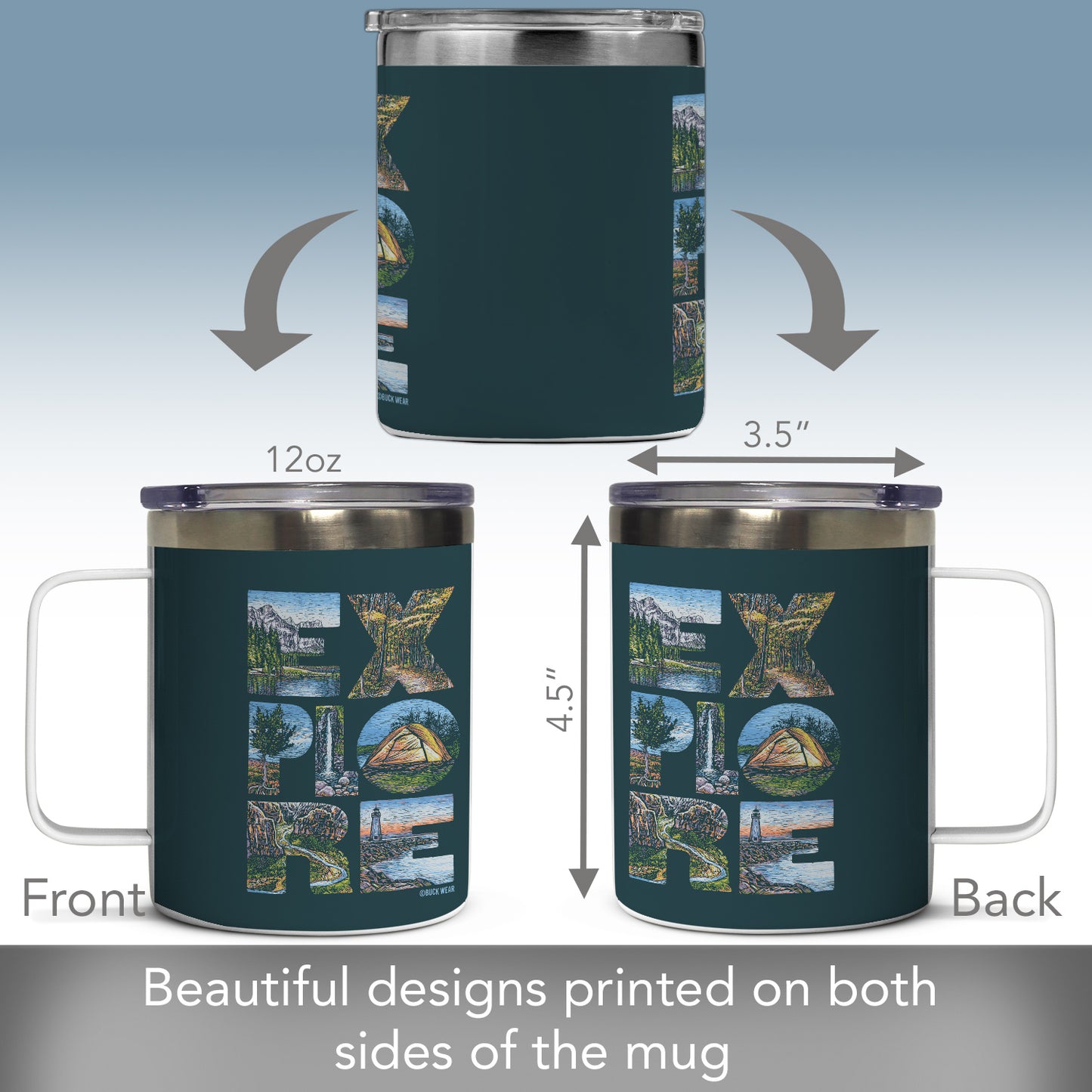 Highland Home Decorative Stainless Steel Insulated Travel Mug with Lid and Handle 12 oz. Manufactured in the USA Dishwasher Safe (Explore)