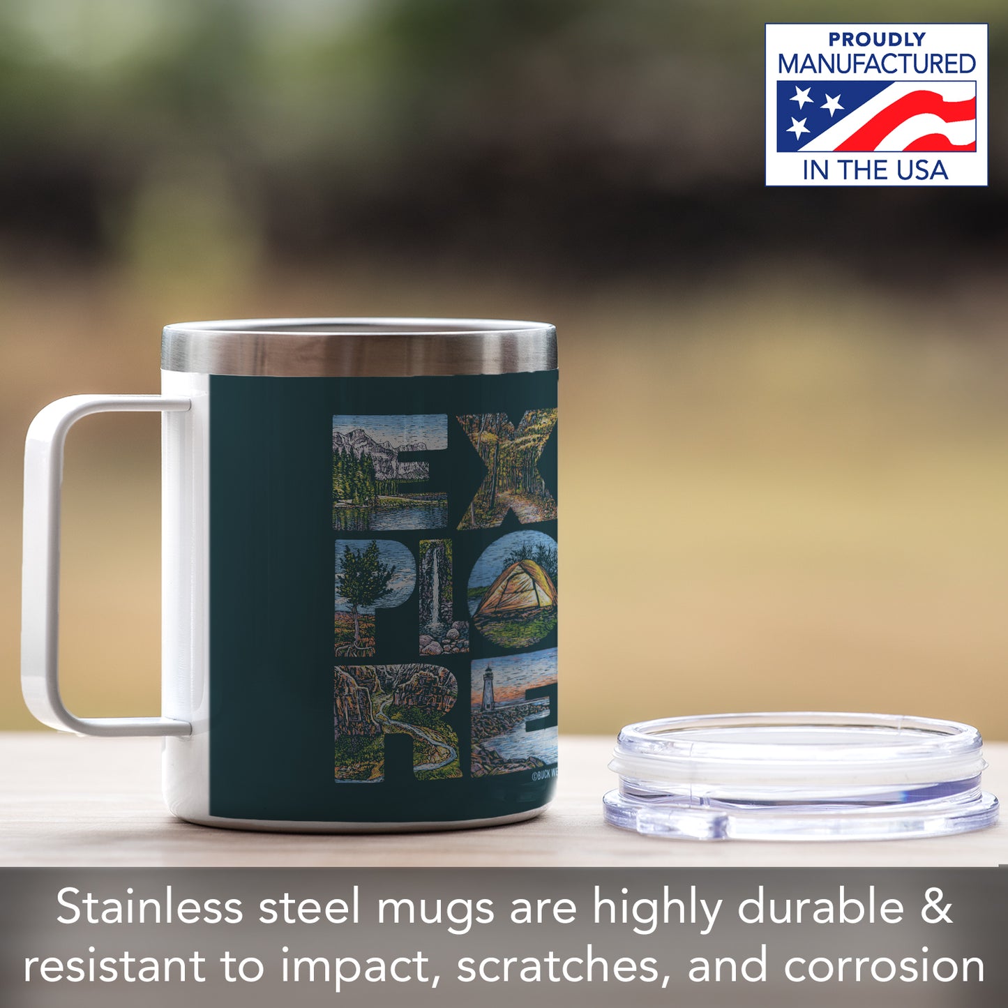 Highland Home Decorative Stainless Steel Insulated Travel Mug with Lid and Handle 12 oz. Manufactured in the USA Dishwasher Safe (Explore)