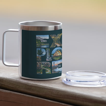 Highland Home Decorative Stainless Steel Insulated Travel Mug with Lid and Handle 12 oz. Manufactured in the USA Dishwasher Safe (Explore)