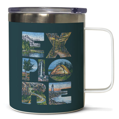 Explore Decorative Stainless Steel Travel Mug with Lid 12 oz. Manufactured in the USA