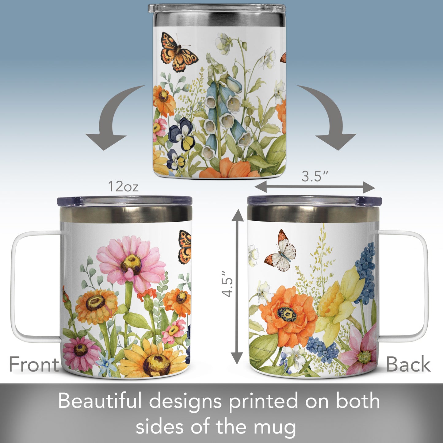 Garden Walk Stainless Steel Travel Mug with Lid 12 oz. Manufactured in the USA