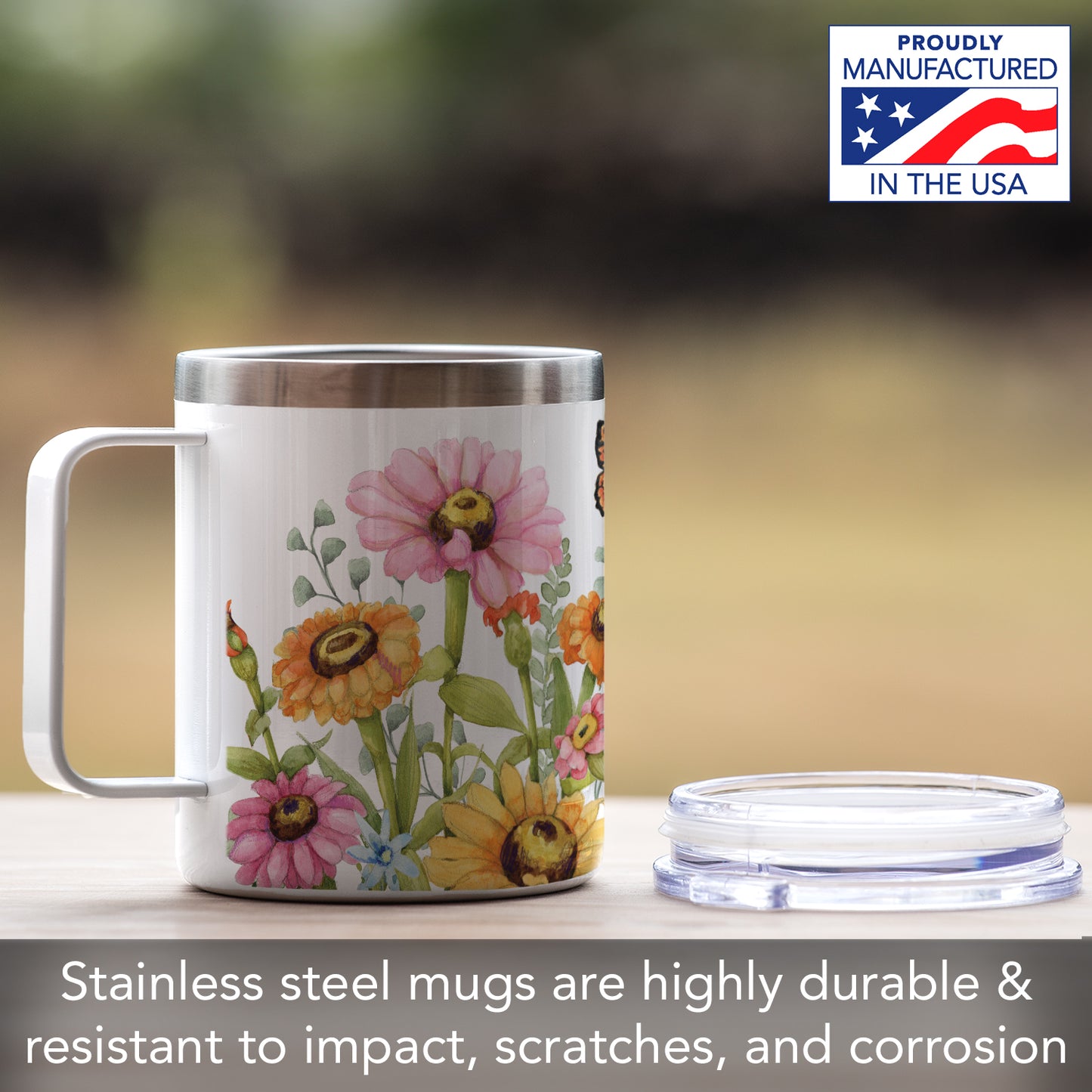 Garden Walk Stainless Steel Travel Mug with Lid 12 oz. Manufactured in the USA