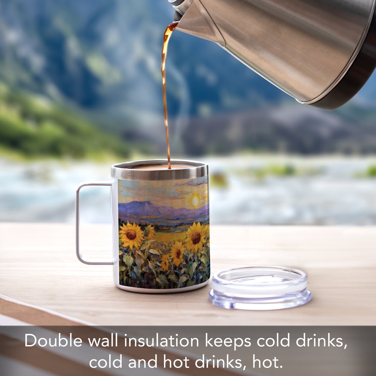 Highland Home Field of Sunflowers Stainless Steel Travel Mug with Lid 12 oz. Manufactured in the USA