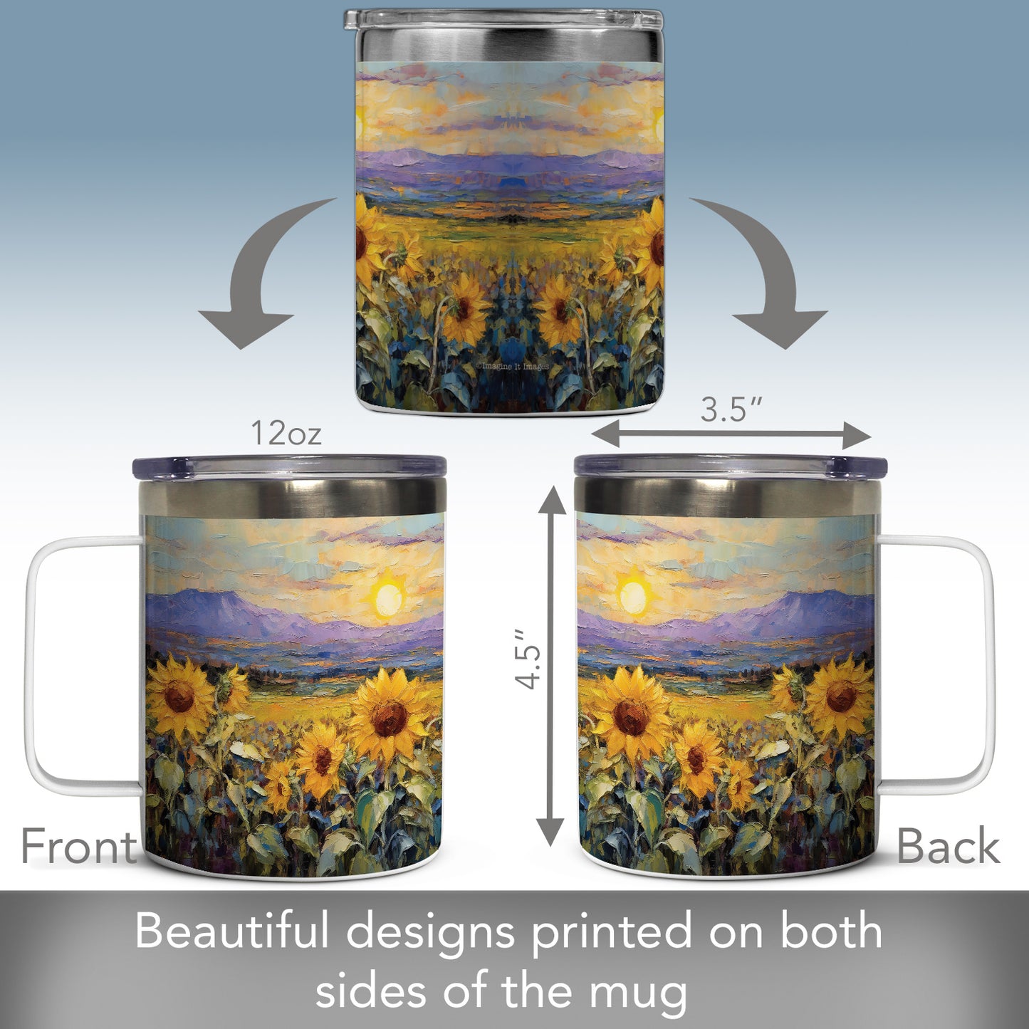 Highland Home Field of Sunflowers Stainless Steel Travel Mug with Lid 12 oz. Manufactured in the USA