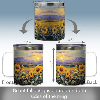 Highland Home Field of Sunflowers Stainless Steel Travel Mug with Lid 12 oz. Manufactured in the USA