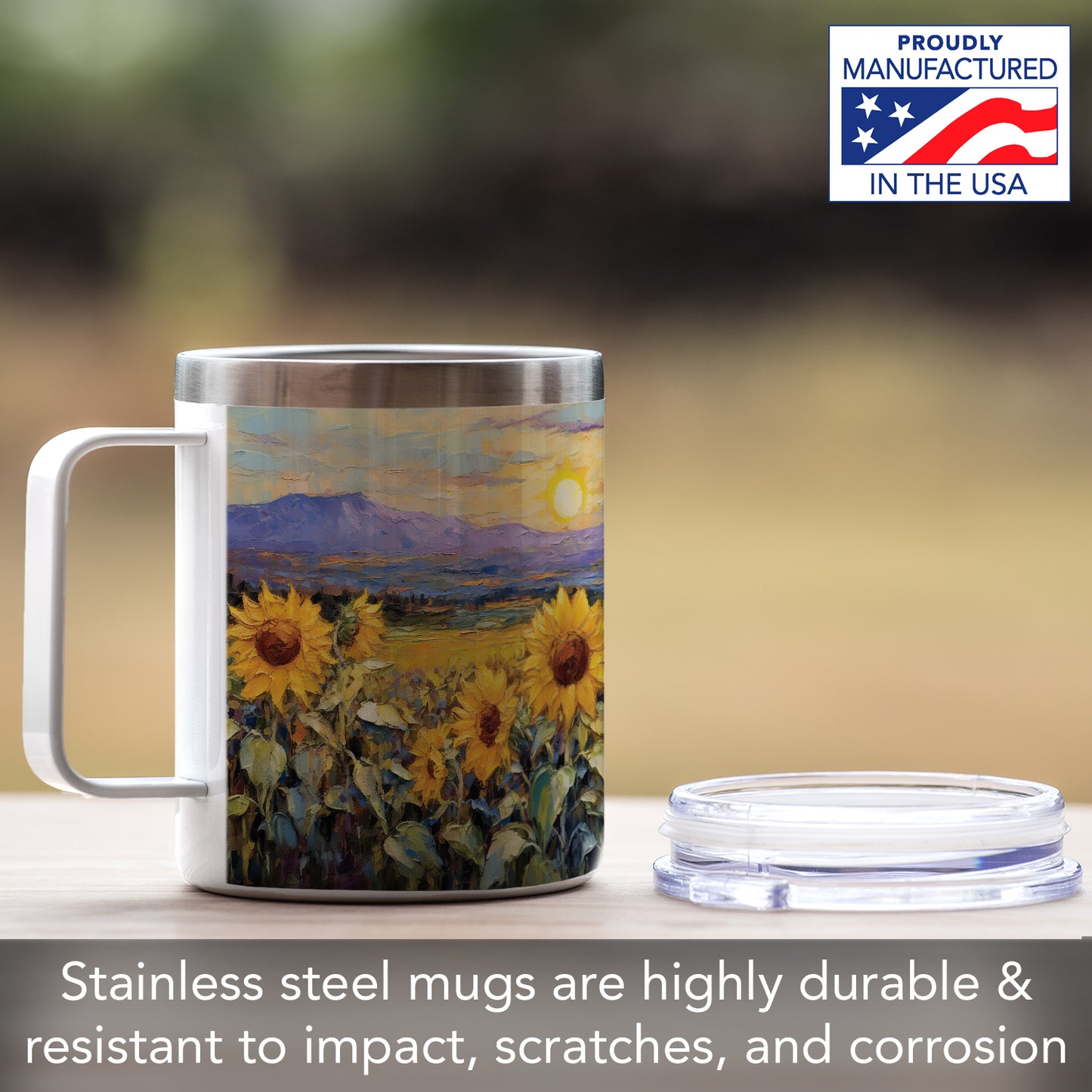 Highland Home Field of Sunflowers Stainless Steel Travel Mug with Lid 12 oz. Manufactured in the USA