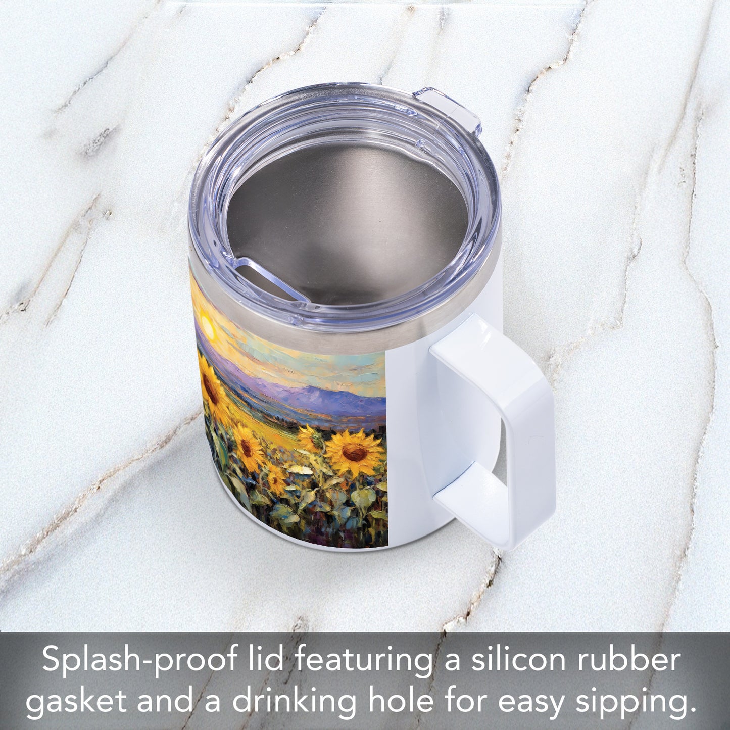 Highland Home Field of Sunflowers Stainless Steel Travel Mug with Lid 12 oz. Manufactured in the USA