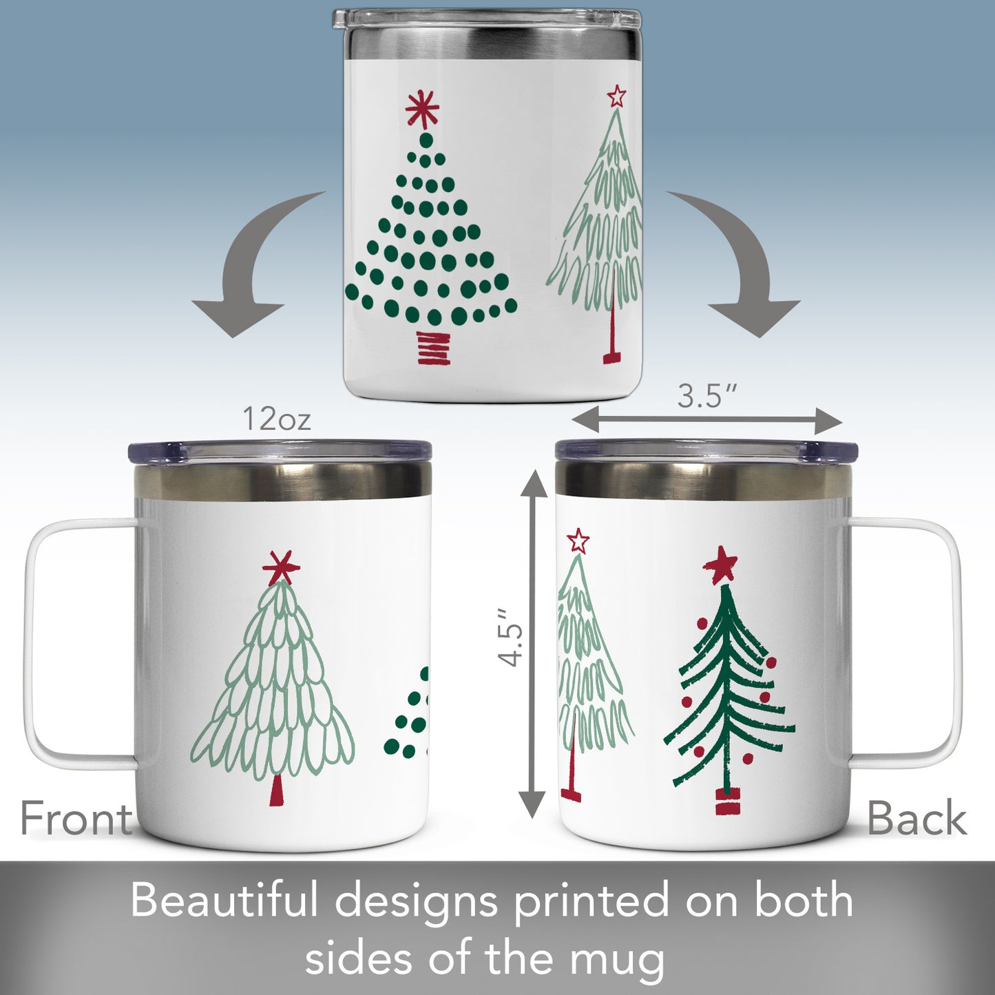 Highland Home Scandinavian Trees Stainless Steel Insulated Travel Mug with Lid 12 oz. Manufactured in the USA