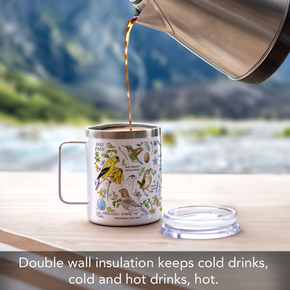 Highland Home Drawn to Birds Decorative Stainless Steel Insulated Travel Mug with Lid and Handle 12 oz. Manufactured in the USA Dishwasher Safe