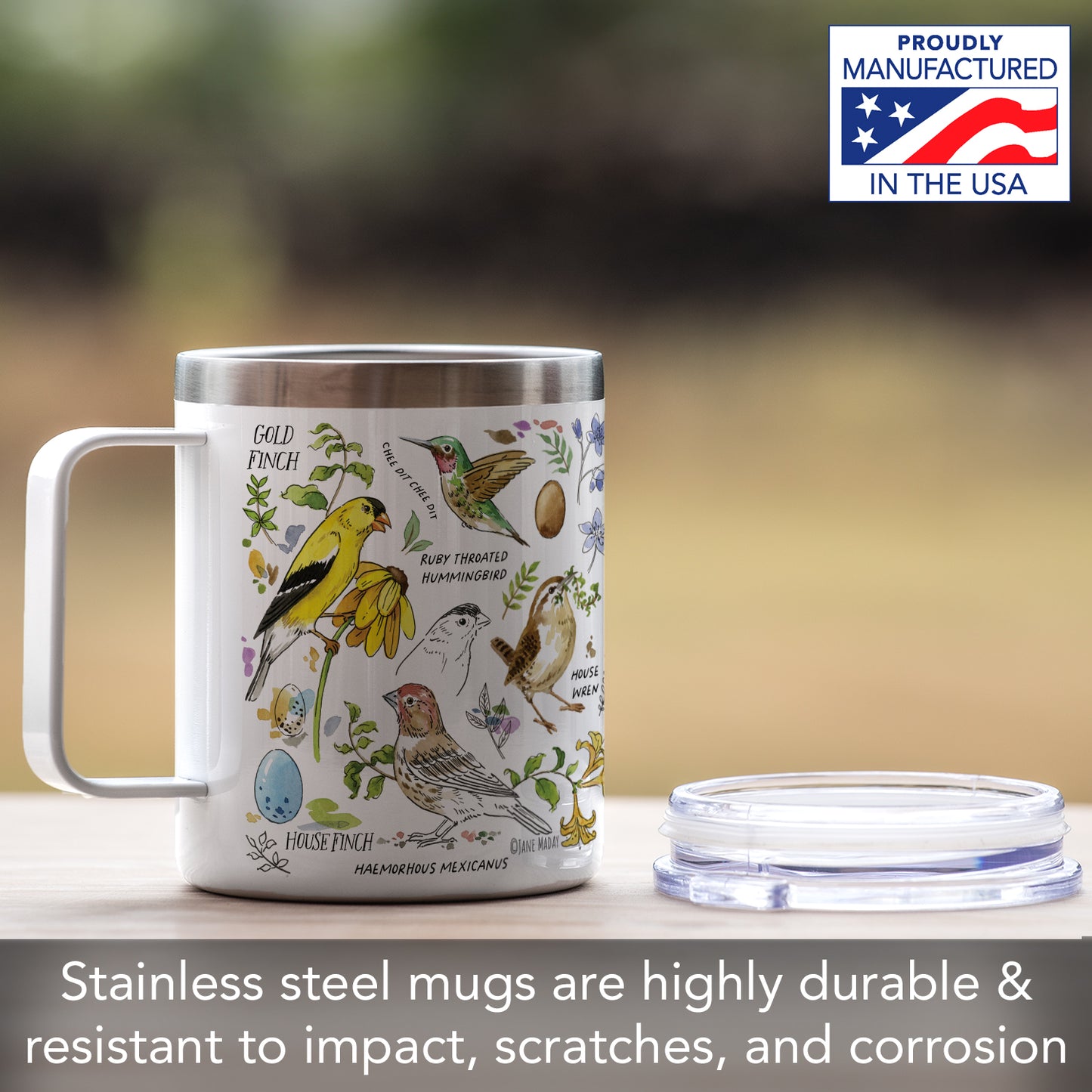 Highland Home Drawn to Birds Decorative Stainless Steel Insulated Travel Mug with Lid and Handle 12 oz. Manufactured in the USA Dishwasher Safe