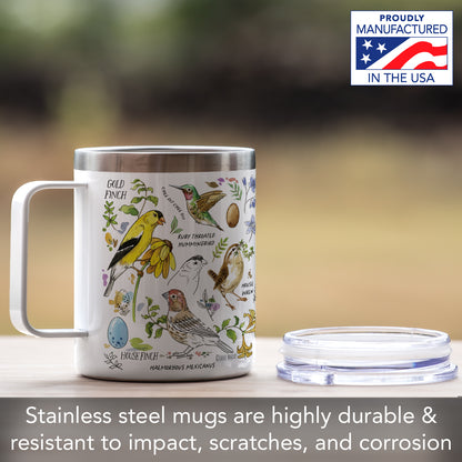 Highland Home Drawn to Birds Decorative Stainless Steel Insulated Travel Mug with Lid and Handle 12 oz. Manufactured in the USA Dishwasher Safe