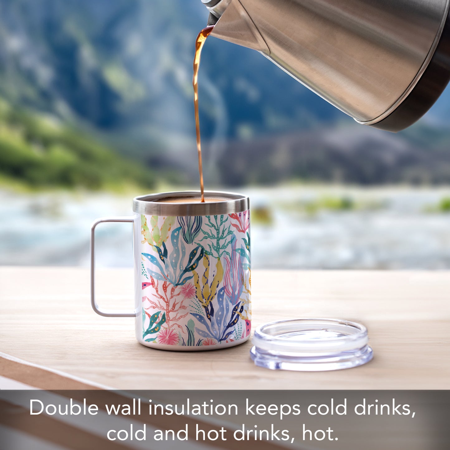 Highland Home Coastal Coral Decorative Stainless Steel Insulated Travel Mug with Lid and Handle 12 oz. Manufactured in the USA Dishwasher Safe