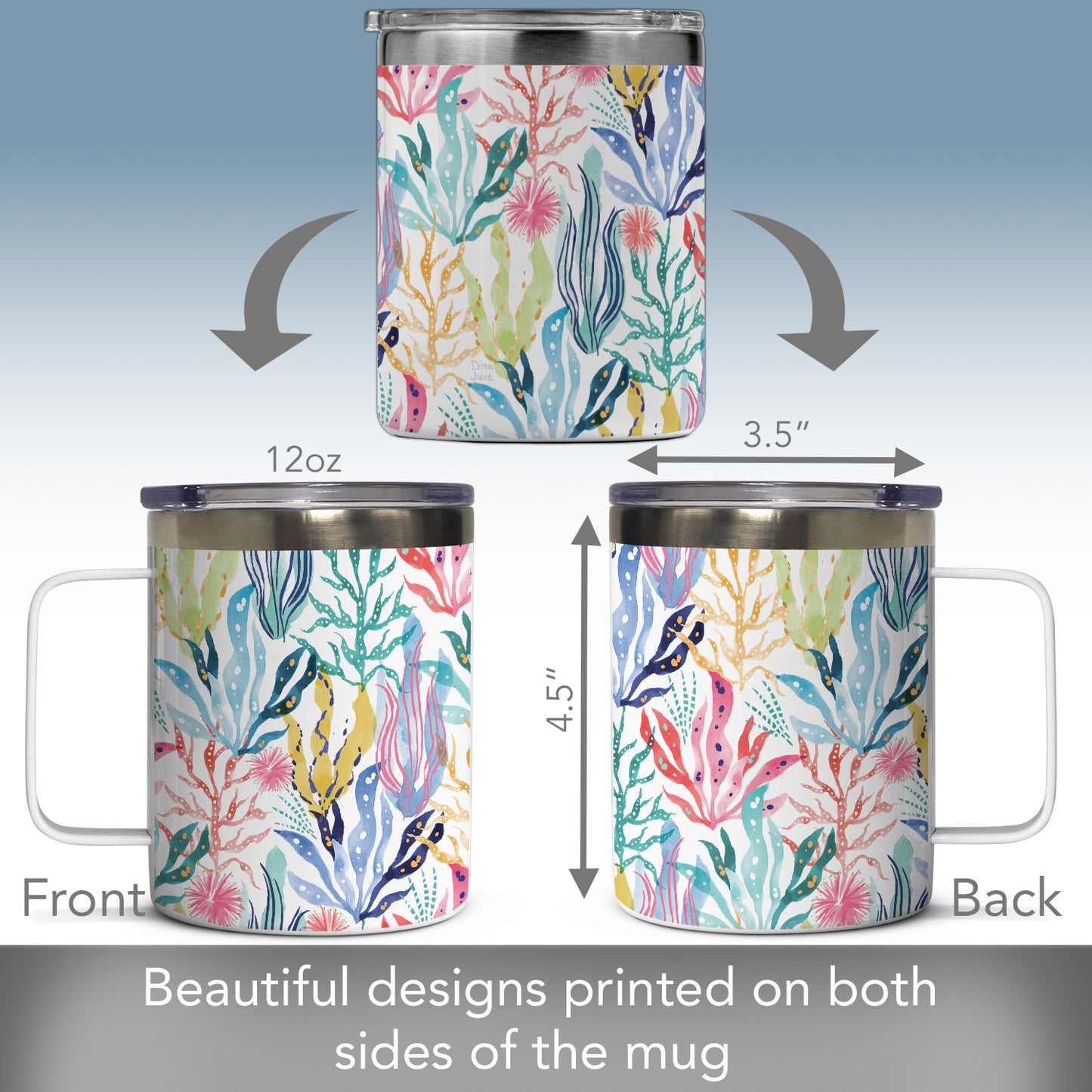 Highland Home Coastal Coral Decorative Stainless Steel Insulated Travel Mug with Lid and Handle 12 oz. Manufactured in the USA Dishwasher Safe