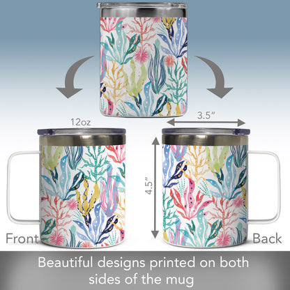 Highland Home Coastal Coral Decorative Stainless Steel Insulated Travel Mug with Lid and Handle 12 oz. Manufactured in the USA Dishwasher Safe
