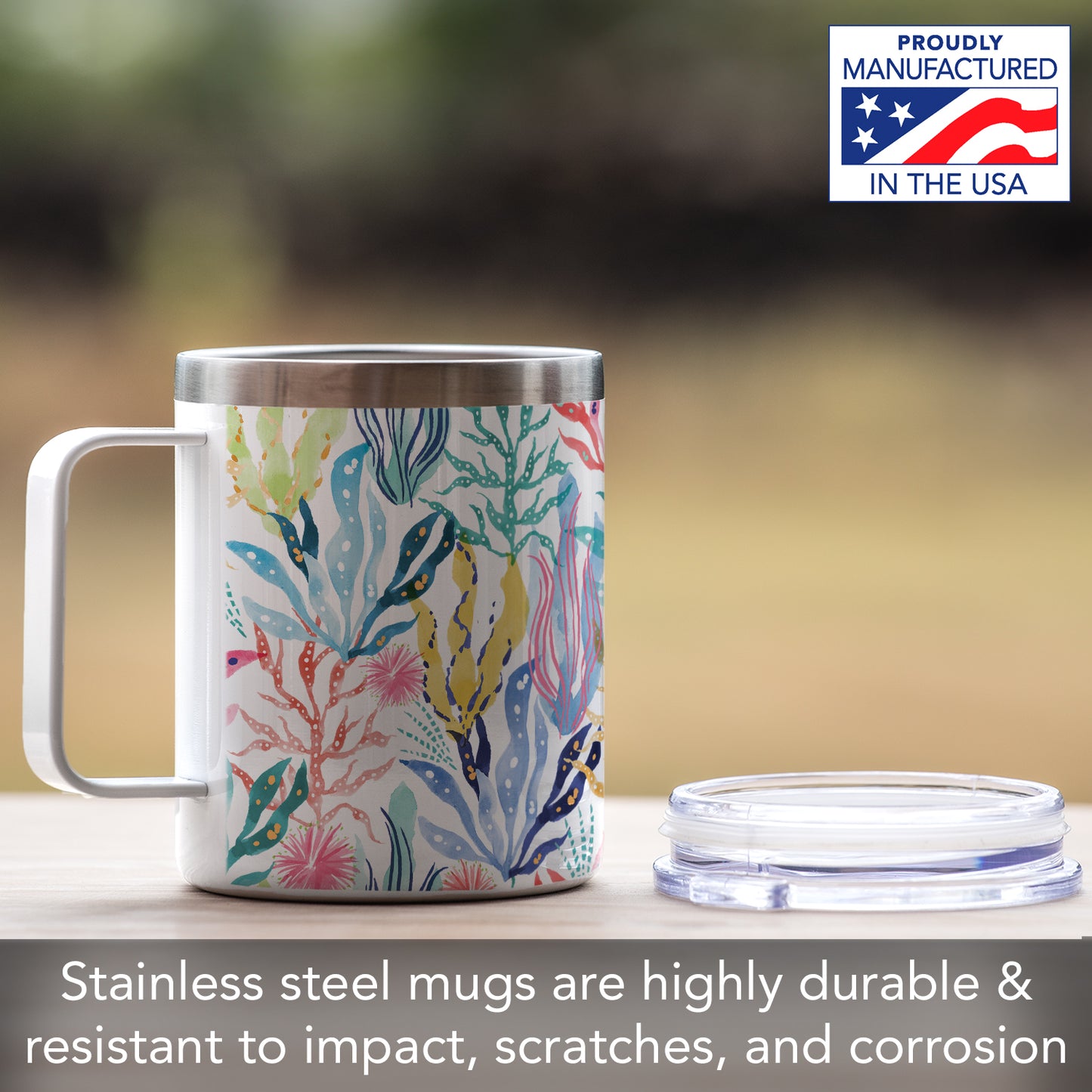 Highland Home Coastal Coral Decorative Stainless Steel Insulated Travel Mug with Lid and Handle 12 oz. Manufactured in the USA Dishwasher Safe