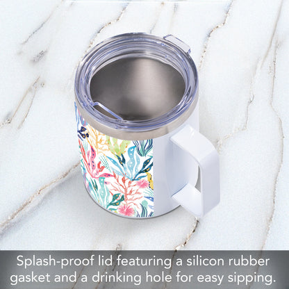 Highland Home Coastal Coral Decorative Stainless Steel Insulated Travel Mug with Lid and Handle 12 oz. Manufactured in the USA Dishwasher Safe