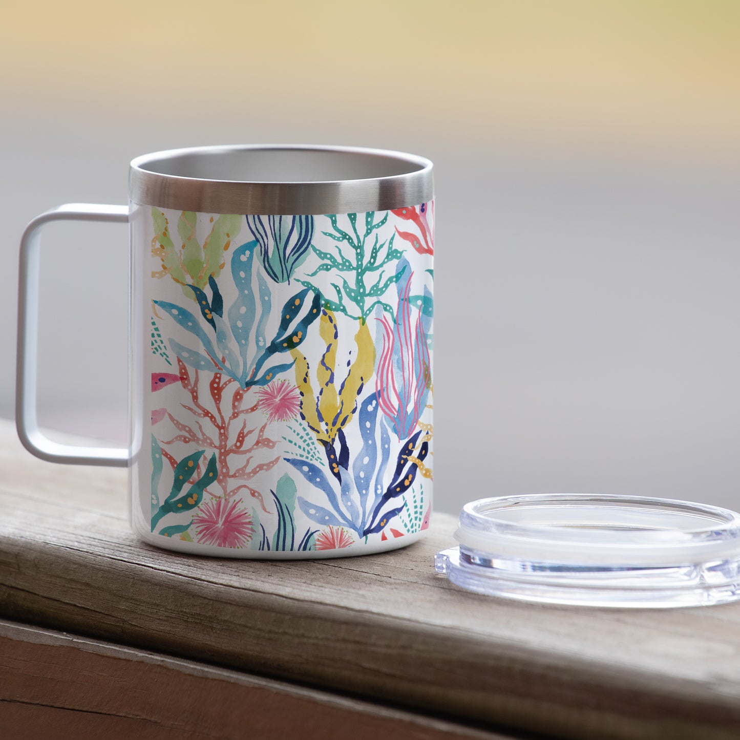 Highland Home Coastal Coral Decorative Stainless Steel Insulated Travel Mug with Lid and Handle 12 oz. Manufactured in the USA Dishwasher Safe