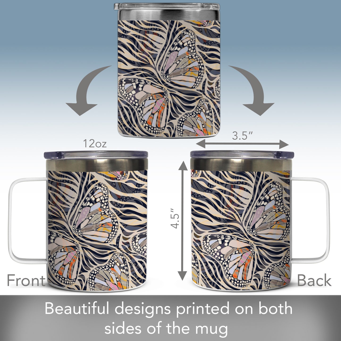 Highland Home Zebra Butterflies Decorative Stainless Steel Insulated Travel Mug with Lid and Handle 12 oz. Manufactured in the USA Dishwasher Safe