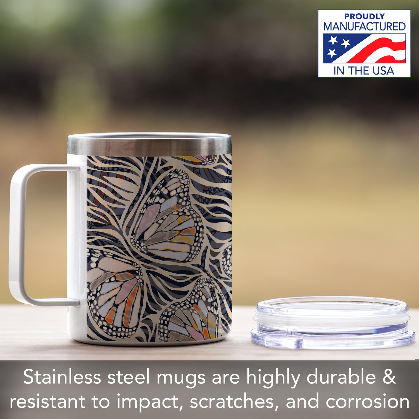 Highland Home Zebra Butterflies Decorative Stainless Steel Insulated Travel Mug with Lid and Handle 12 oz. Manufactured in the USA Dishwasher Safe