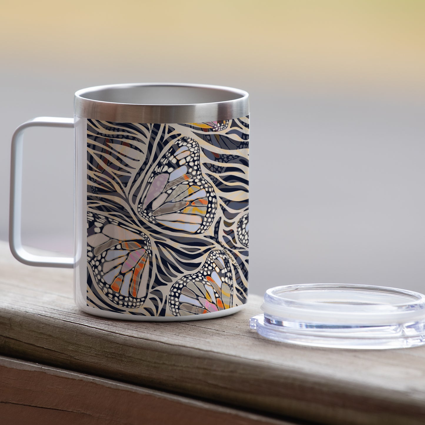 Highland Home Zebra Butterflies Decorative Stainless Steel Insulated Travel Mug with Lid and Handle 12 oz. Manufactured in the USA Dishwasher Safe