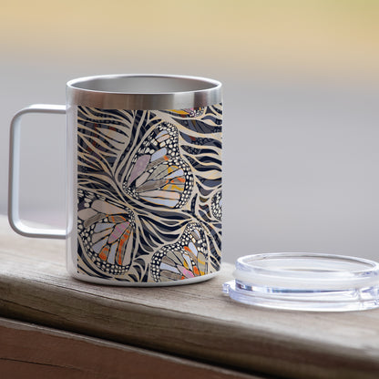Highland Home Zebra Butterflies Decorative Stainless Steel Insulated Travel Mug with Lid and Handle 12 oz. Manufactured in the USA Dishwasher Safe