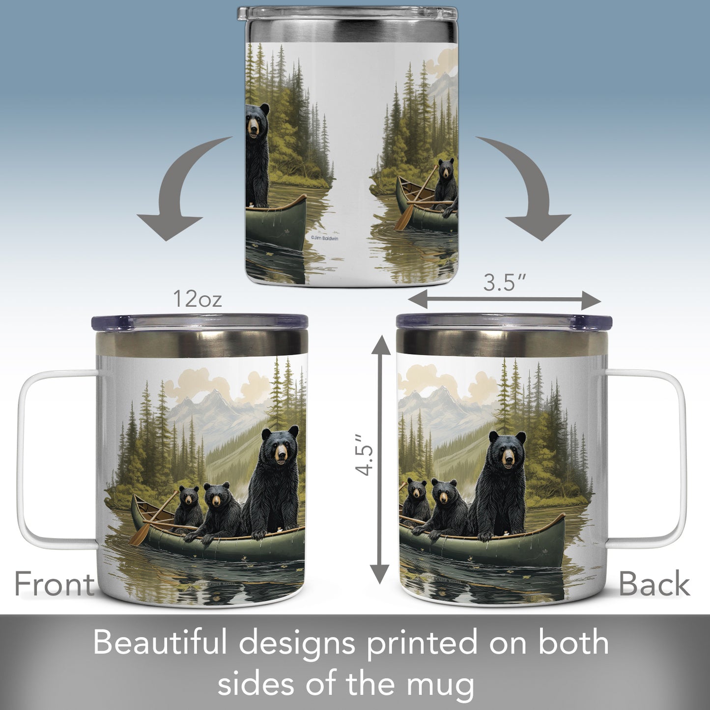 Highland Home Black Bear Canoe Stainless Steel Travel Mug with Lid 12 oz. Manufactured in the USA