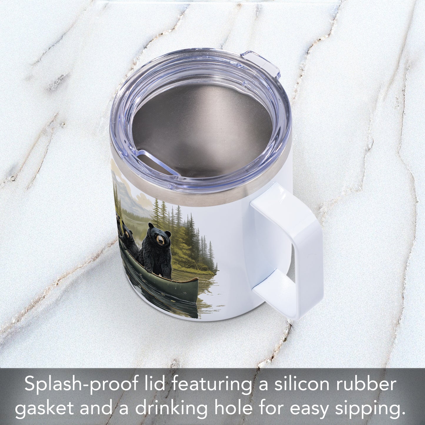 Black Bear Canoe Stainless Steel Travel Mug with Lid 12 oz. Manufactured in the USA