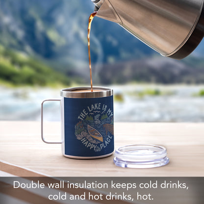Highland Home Decorative Stainless Steel Insulated Travel Mug with Lid and Handle 12 oz. Manufactured in the USA Dishwasher Safe (Lakeside Days)