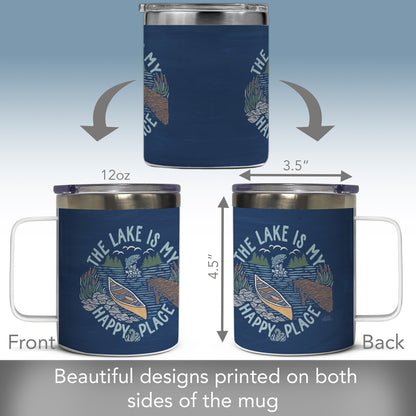 Highland Home Decorative Stainless Steel Insulated Travel Mug with Lid and Handle 12 oz. Manufactured in the USA Dishwasher Safe (Lakeside Days)
