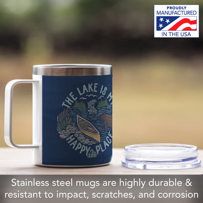 Highland Home Decorative Stainless Steel Insulated Travel Mug with Lid and Handle 12 oz. Manufactured in the USA Dishwasher Safe (Lakeside Days)