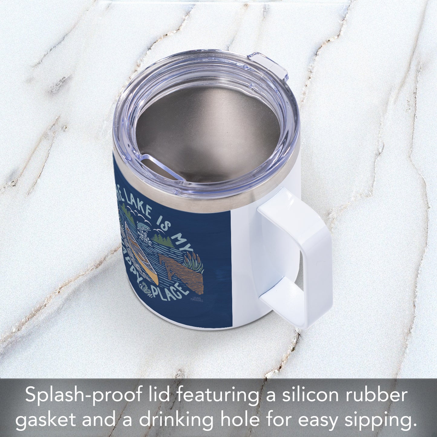 Lakeside Days Decorative Stainless Steel Insulated Travel Mug with Lid and Handle 12 oz. Manufactured in the USA