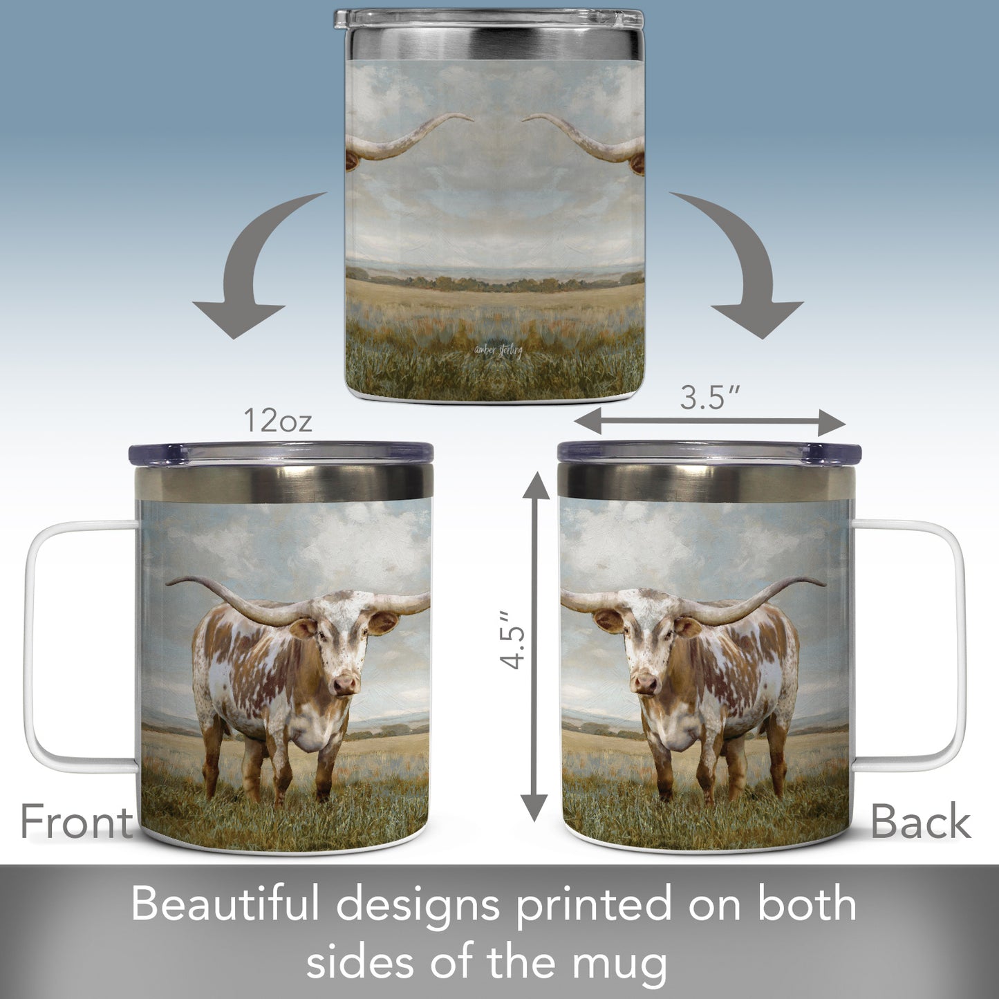 Highland Home Longhorn Decorative Stainless Steel Insulated Travel Mug with Lid and Handle 12 oz. Manufactured in the USA Dishwasher Safe
