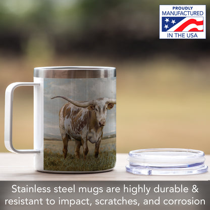 Highland Home Longhorn Decorative Stainless Steel Insulated Travel Mug with Lid and Handle 12 oz. Manufactured in the USA Dishwasher Safe