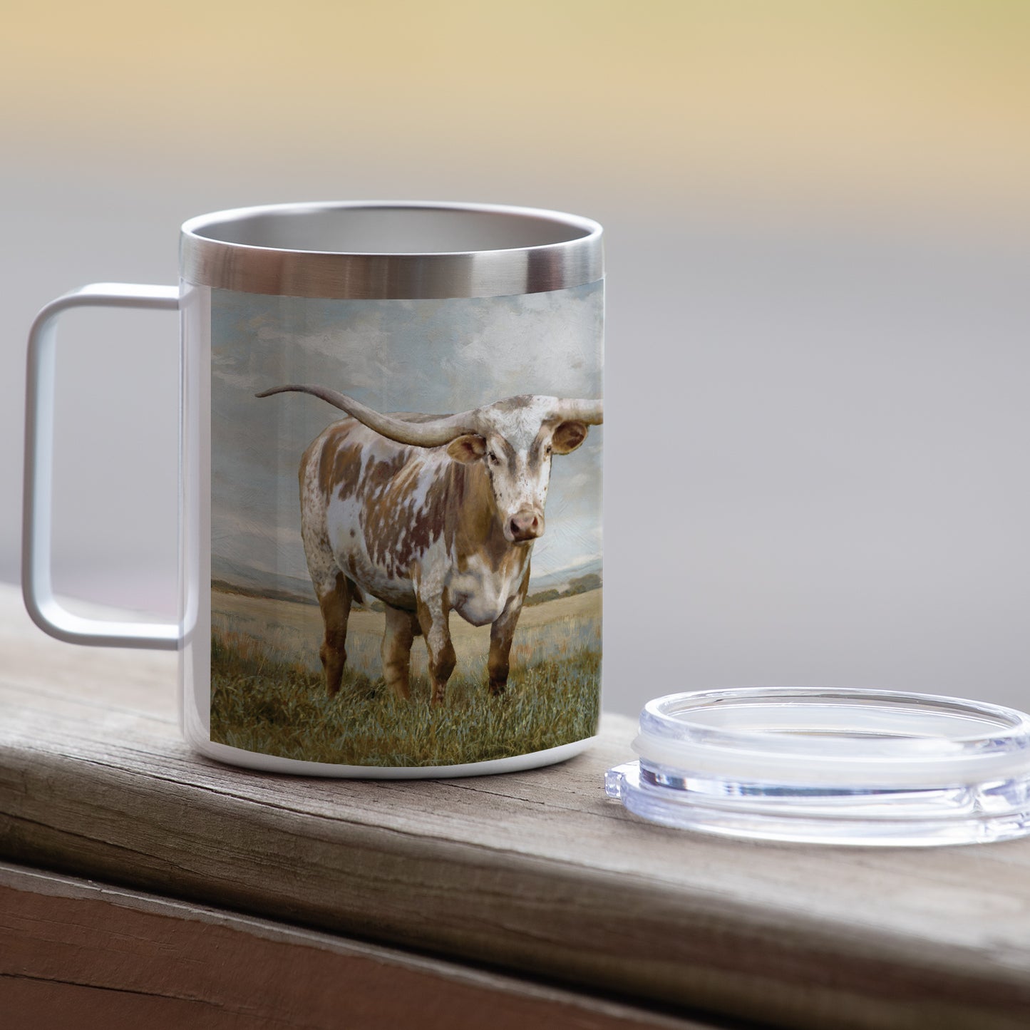 Highland Home Longhorn Decorative Stainless Steel Insulated Travel Mug with Lid and Handle 12 oz. Manufactured in the USA Dishwasher Safe