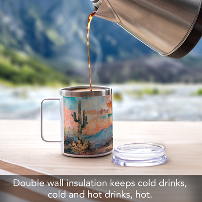 Highland Home Desert Dream Decorative Stainless Steel Insulated Travel Mug with Lid and Handle 12 oz. Manufactured in the USA Dishwasher Safe