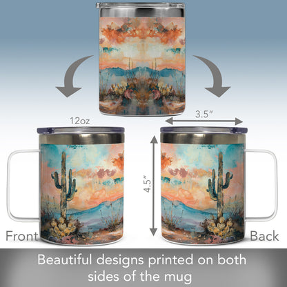 Highland Home Desert Dream Decorative Stainless Steel Insulated Travel Mug with Lid and Handle 12 oz. Manufactured in the USA Dishwasher Safe