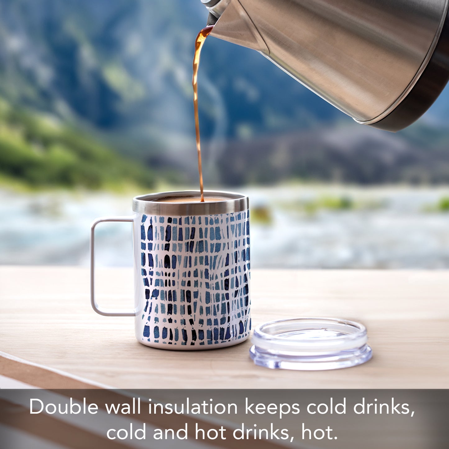 Highland Home Wavy Indigo Decorative Stainless Steel Insulated Travel Mug with Lid and Handle 12 oz. Manufactured in the USA Dishwasher Safe