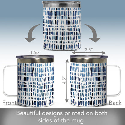 Highland Home Wavy Indigo Decorative Stainless Steel Insulated Travel Mug with Lid and Handle 12 oz. Manufactured in the USA Dishwasher Safe