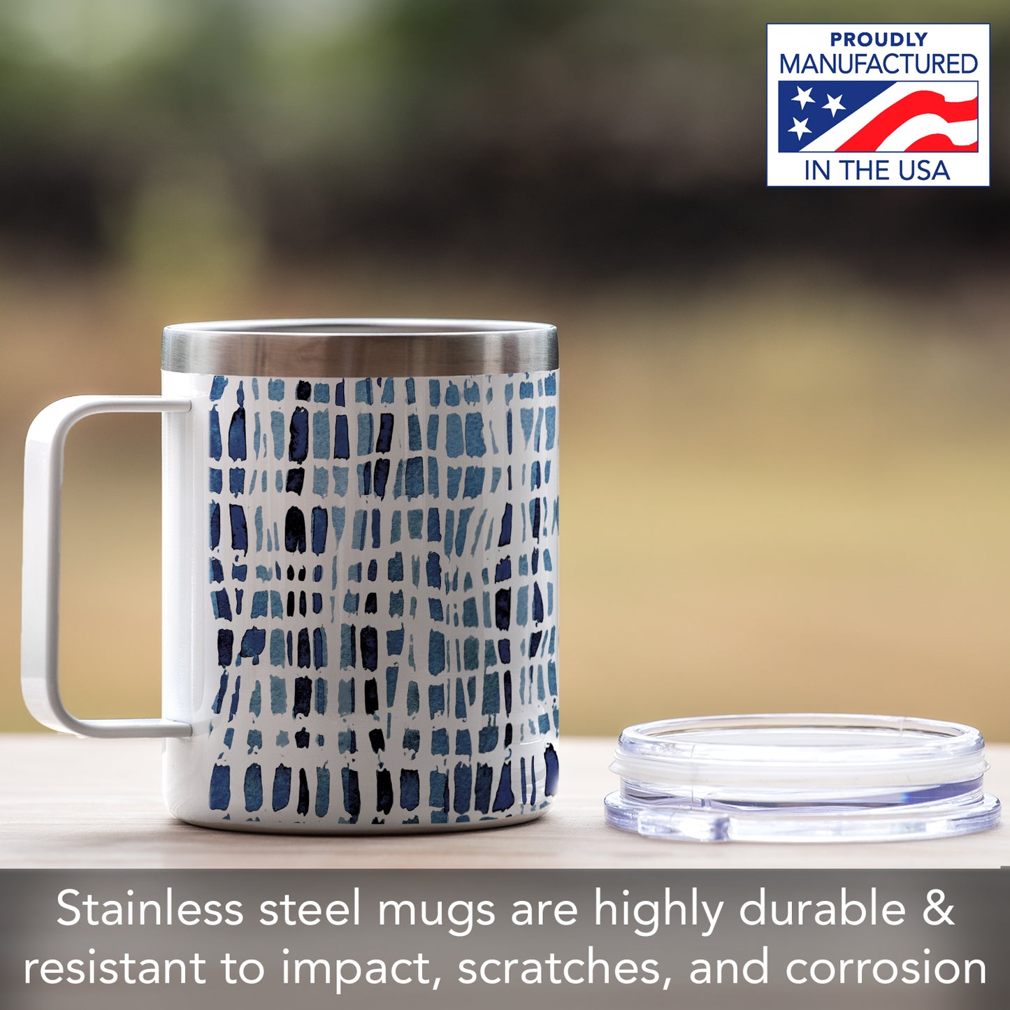 Highland Home Wavy Indigo Decorative Stainless Steel Insulated Travel Mug with Lid and Handle 12 oz. Manufactured in the USA Dishwasher Safe