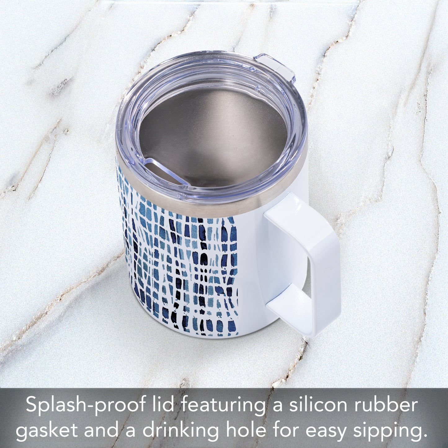 Wavy Indigo Decorative Stainless Steel Insulated Travel Mug with Lid 12 oz. Manufactured in the USA