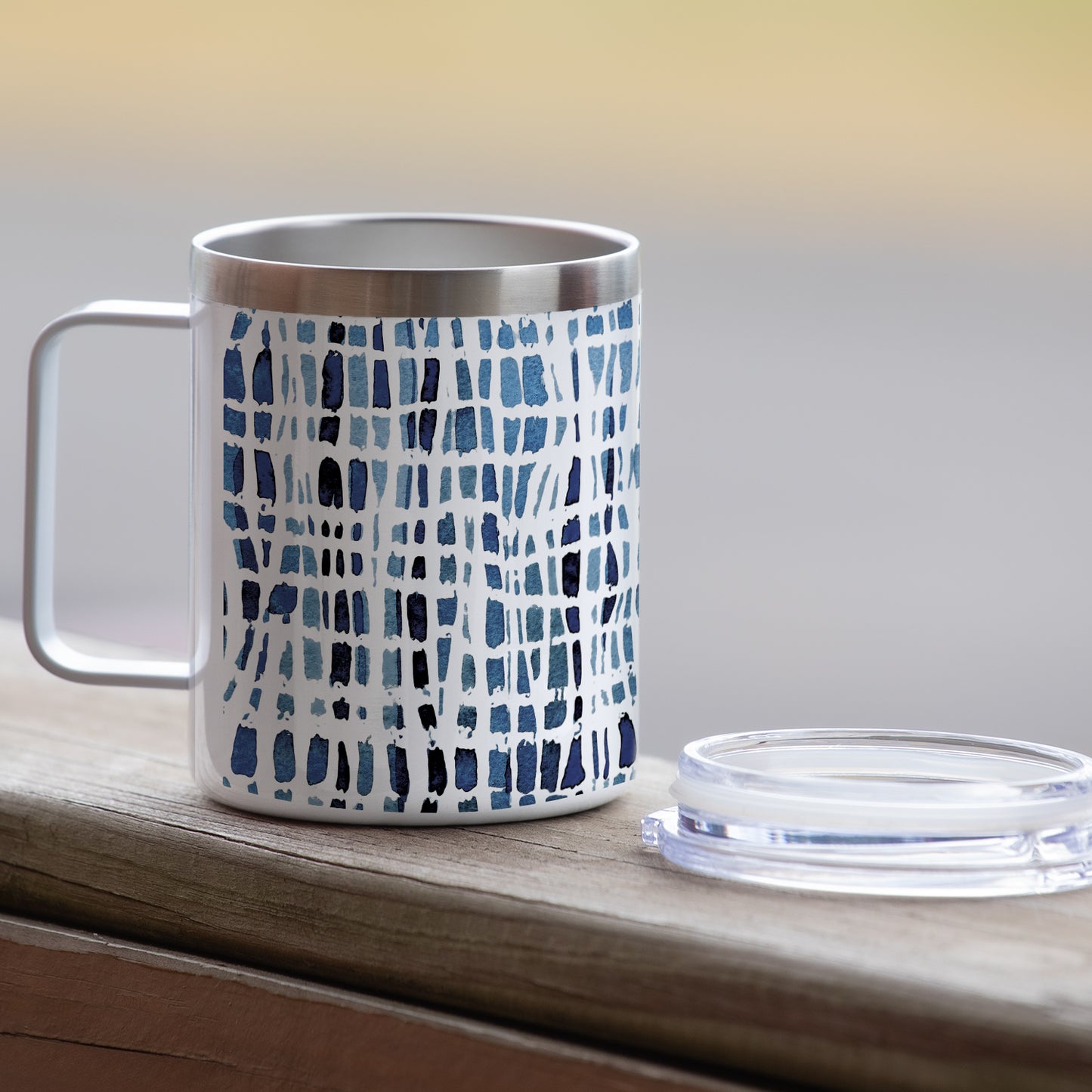 Highland Home Wavy Indigo Decorative Stainless Steel Insulated Travel Mug with Lid and Handle 12 oz. Manufactured in the USA Dishwasher Safe