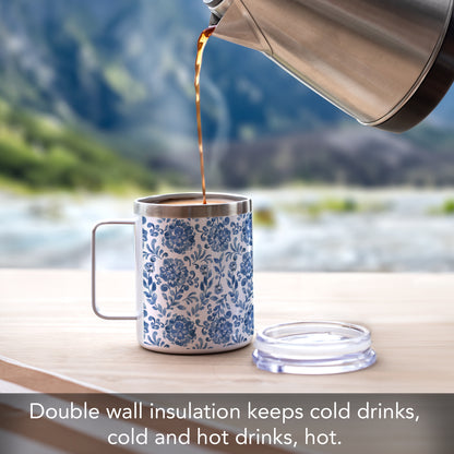 Highland Home Blue Paisley Decorative Stainless Steel Insulated Travel Mug with Lid and Handle 12 oz. Manufactured in the USA Dishwasher Safe
