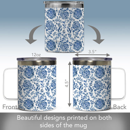 Highland Home Blue Paisley Decorative Stainless Steel Insulated Travel Mug with Lid and Handle 12 oz. Manufactured in the USA Dishwasher Safe