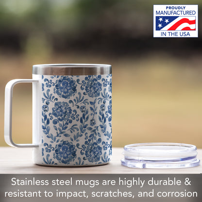 Highland Home Blue Paisley Decorative Stainless Steel Insulated Travel Mug with Lid and Handle 12 oz. Manufactured in the USA Dishwasher Safe