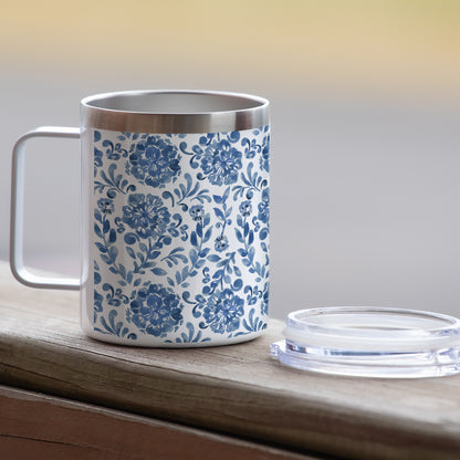 Highland Home Blue Paisley Decorative Stainless Steel Insulated Travel Mug with Lid and Handle 12 oz. Manufactured in the USA Dishwasher Safe