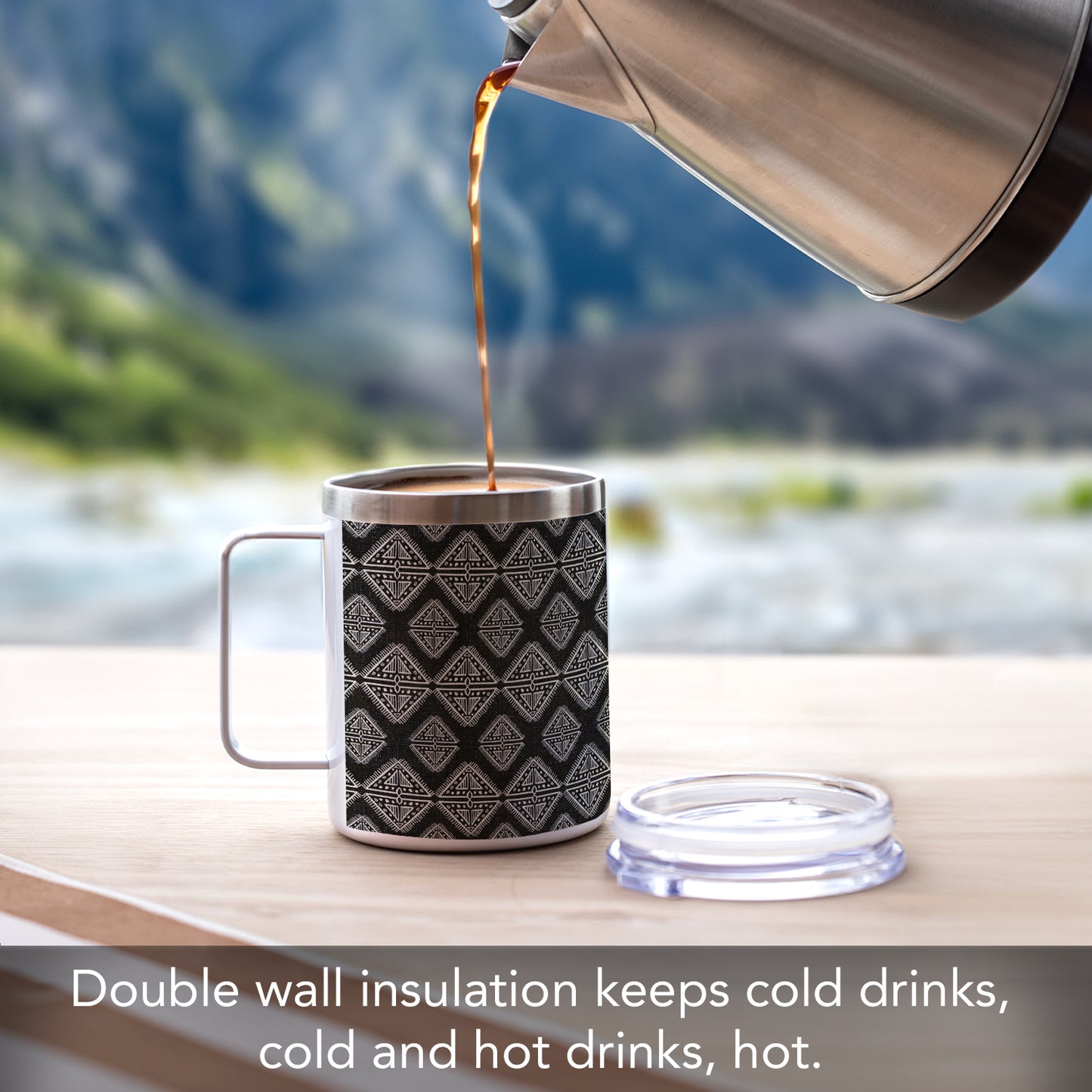 Highland Home Decorative Stainless Steel Insulated Travel Mug with Lid and Handle 12 oz. Manufactured in the USA Dishwasher Safe (Tribal Zen)