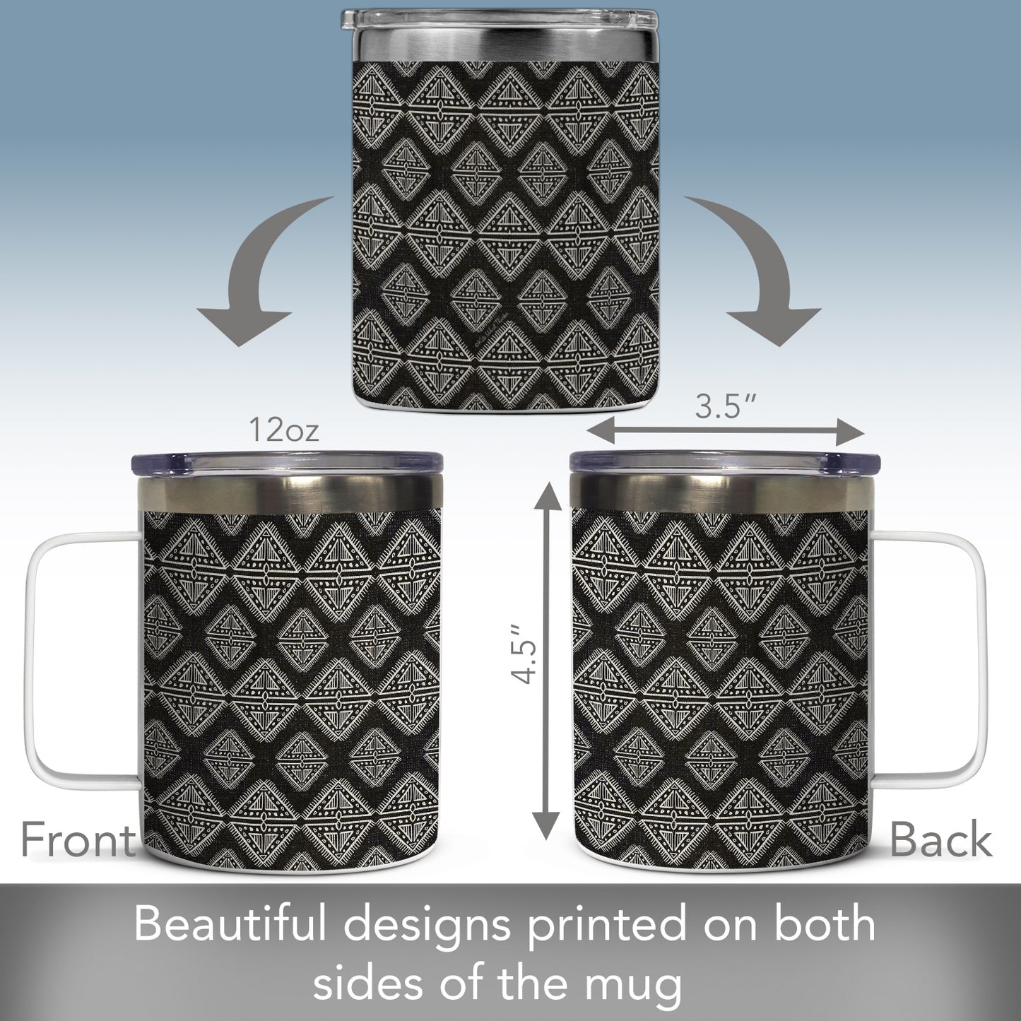 Highland Home Decorative Stainless Steel Insulated Travel Mug with Lid and Handle 12 oz. Manufactured in the USA Dishwasher Safe (Tribal Zen)