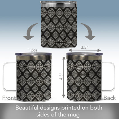 Highland Home Decorative Stainless Steel Insulated Travel Mug with Lid and Handle 12 oz. Manufactured in the USA Dishwasher Safe (Tribal Zen)
