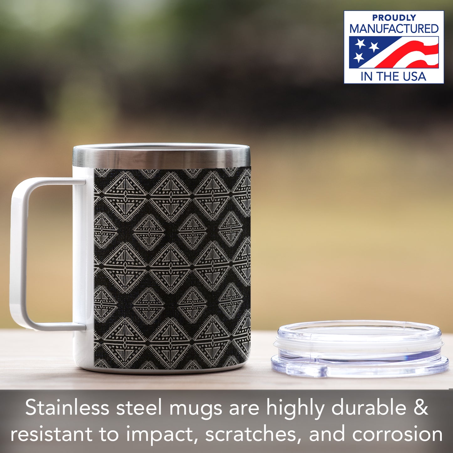Highland Home Decorative Stainless Steel Insulated Travel Mug with Lid and Handle 12 oz. Manufactured in the USA Dishwasher Safe (Tribal Zen)